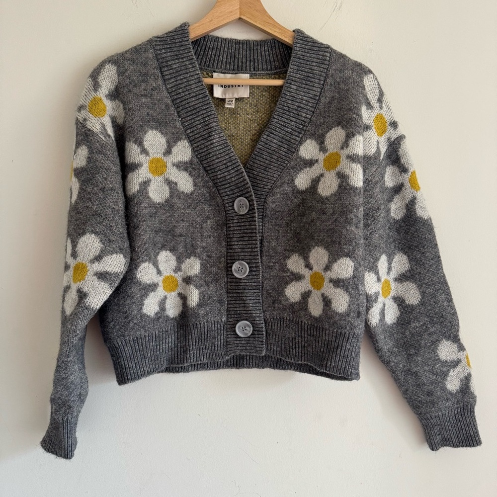 Gray Floral Cardigan Sweater